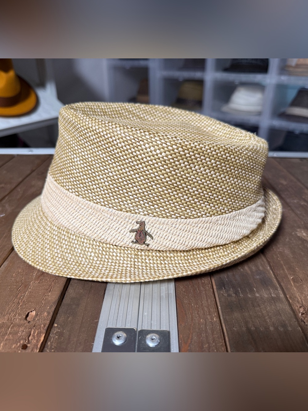 Original Penguin Woven Paper Fedora Hat Tan Cream L/XL